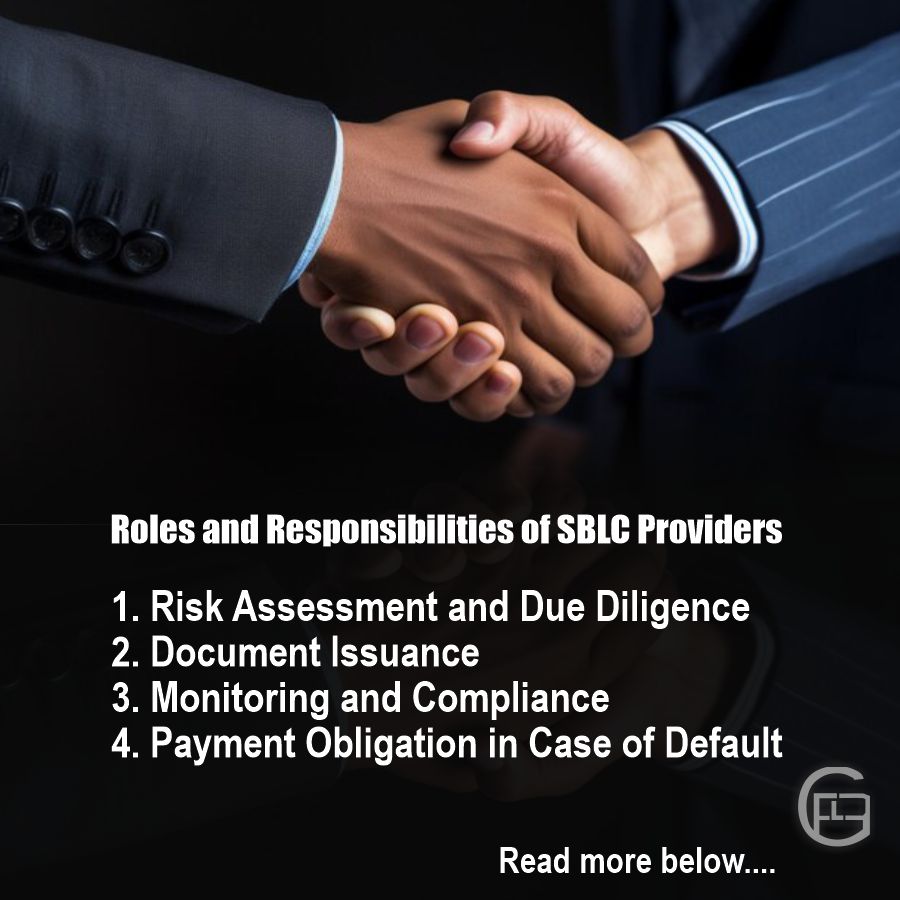 Two business professionals shaking hands with a list of SBLC provider responsibilities overlaid.