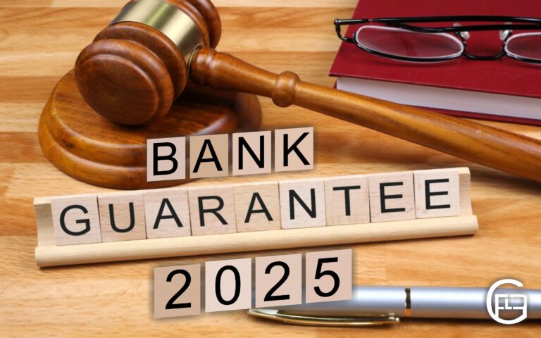 Bank Guarantee 2025 concept with gavel, book, and scrabble tiles